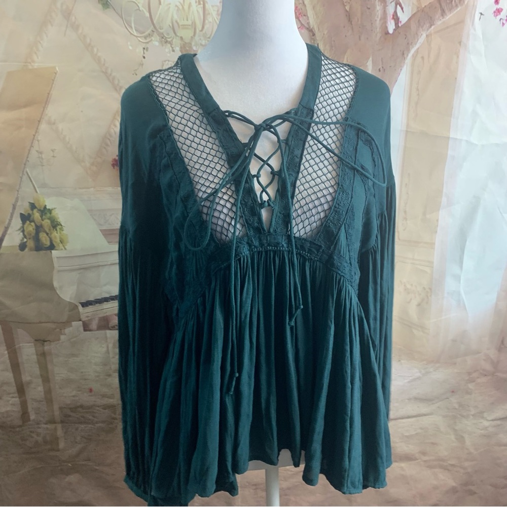 Free People Pebbled Dont Let Go Peasant Top Deep Forest - Picture 6 of 13